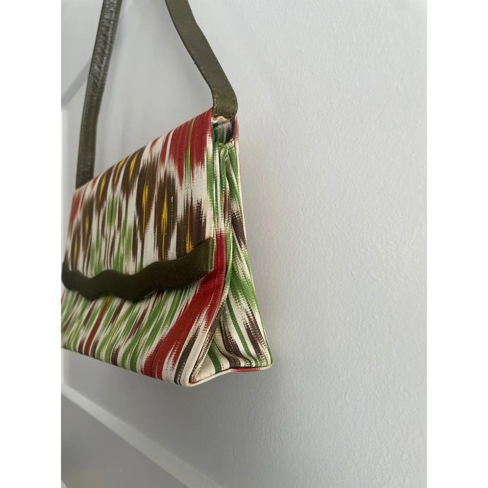 Vintage Ikat Woven Shoulder Bag Multi Color Pattern with Olive Leather Trim